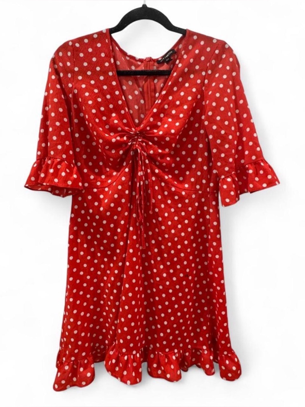 QED London Red Polka Dot Cinched Ruched Ruffle Mini Dress L